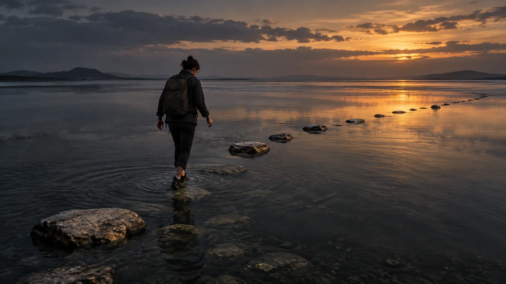 A lone person steps across partly submerged stones in shallow water beneath a dusky sky.